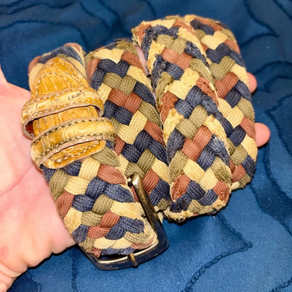 Men’s Multicolor Woven Braided Belt, Real Crocodile Leather Trim, Brass Buckle